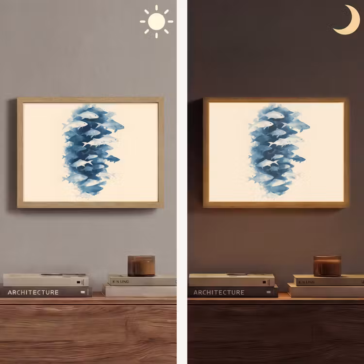 Vissen - Minimalistisch - Blauw Light Box met batterij (Wandlamp) middel -sfeer3