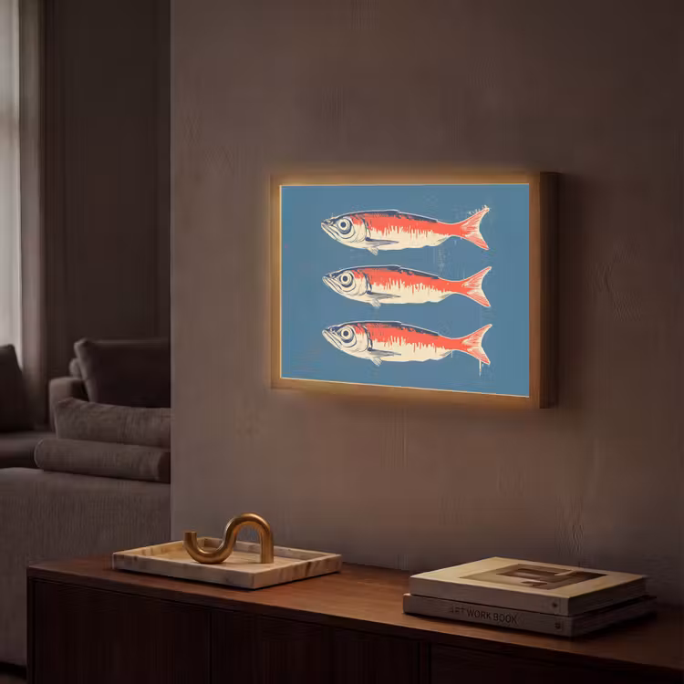 Vissen - Rood - Blauw Light Box met batterij (Wandlamp) middel -sfeer1