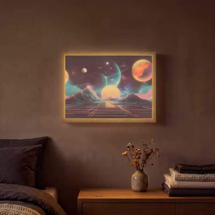 Planeten - Neon - Berglandschap - Zon Light Box met batterij (Wandlamp) middel -sfeer4