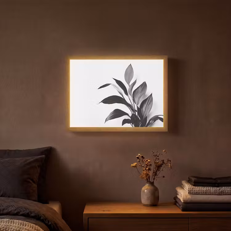 Plant - Bladeren - Minimalistisch - Zwart Light Box met batterij (Wandlamp) middel -sfeer4