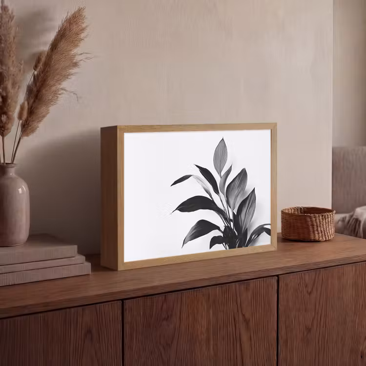 Plant - Bladeren - Minimalistisch - Zwart Light Box met batterij (Wandlamp) middel -sfeer2