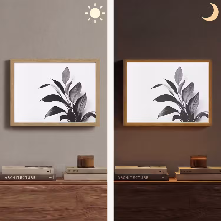 Plant - Bladeren - Minimalistisch - Zwart Light Box met batterij (Wandlamp) middel -sfeer3