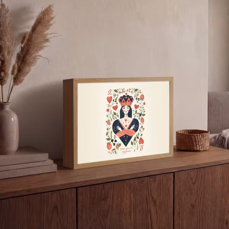 Speelkaart - Hartenkoningin - Bloemen - Hartjes Light Box met batterij (Wandlamp) middel -sfeer2