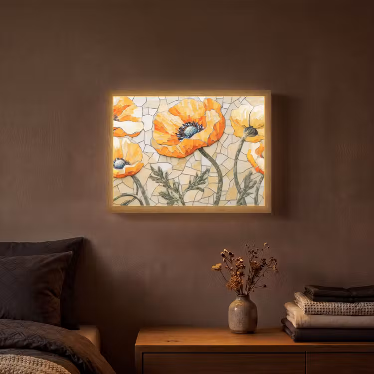 Klaprozen - Oranje - Mozaïek - Bladeren Light Box met batterij (Wandlamp) middel -sfeer4