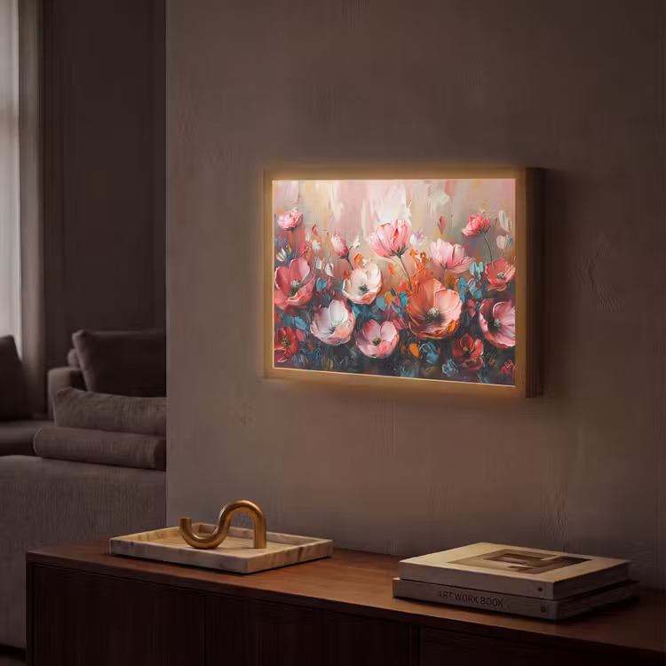 Klaprozen - Roze - Bloemen - Botanisch - Kunst Light Box met batterij (Wandlamp) middel -sfeer1