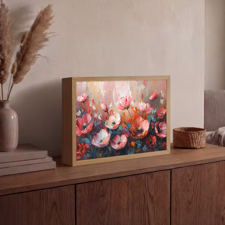 Klaprozen - Roze - Bloemen - Botanisch - Kunst Light Box met batterij (Wandlamp) middel -sfeer2