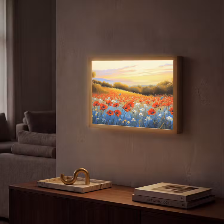 Klaproos - Bloemenveld - Kleurrijk Light Box met batterij (Wandlamp) middel -sfeer1