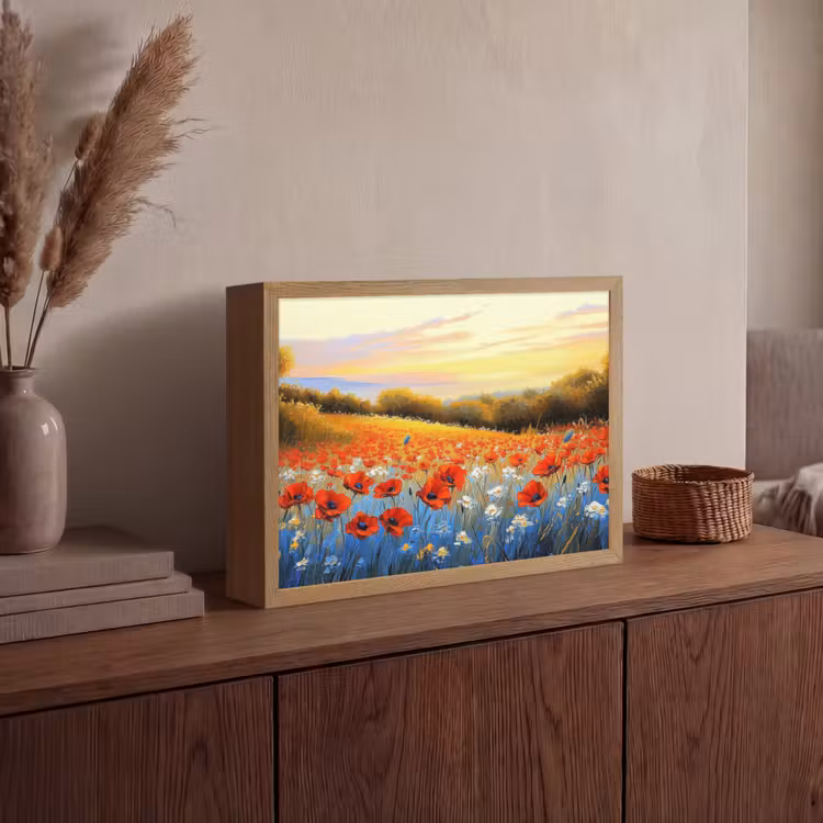 Klaproos - Bloemenveld - Kleurrijk Light Box met batterij (Wandlamp) middel -sfeer2