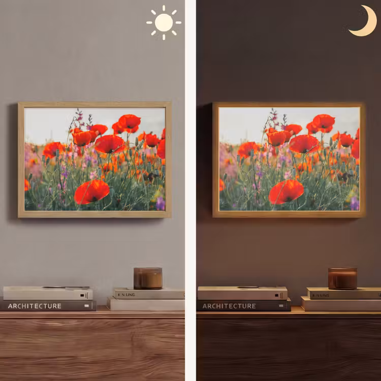 Klaproos - Bloemen - Rood - Paars - Weide Light Box met batterij (Wandlamp) middel -sfeer3