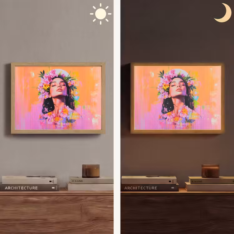 Portret - Bloemenkroon - Vrouw Light Box met batterij (Wandlamp) middel -sfeer3