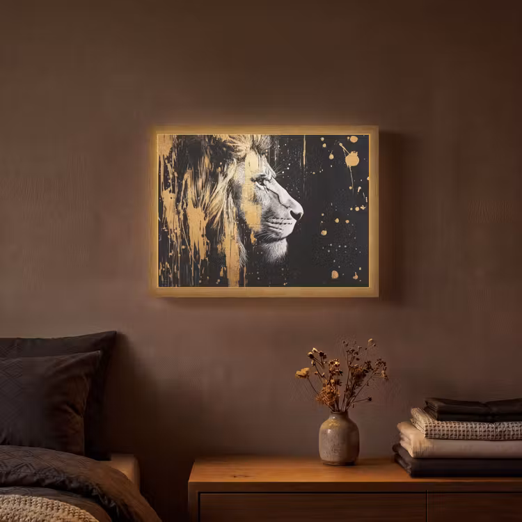 Portret - Leeuw - Abstract - Goud Light Box met batterij (Wandlamp) middel -sfeer4