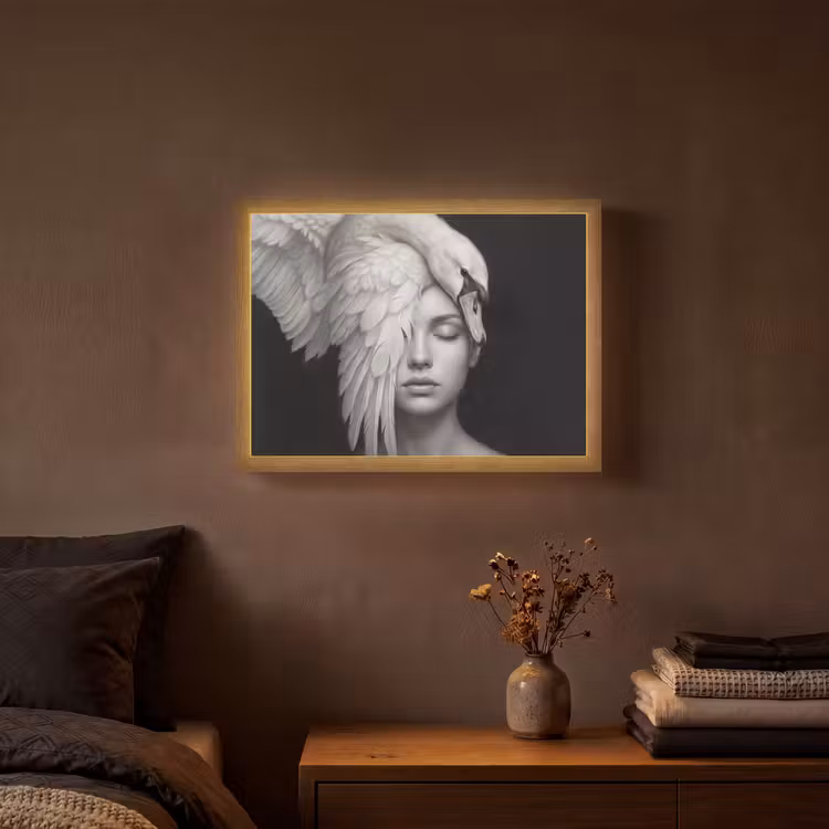 Portret - Zwaan - Zwart - Wit Light Box met batterij (Wandlamp) middel -sfeer4