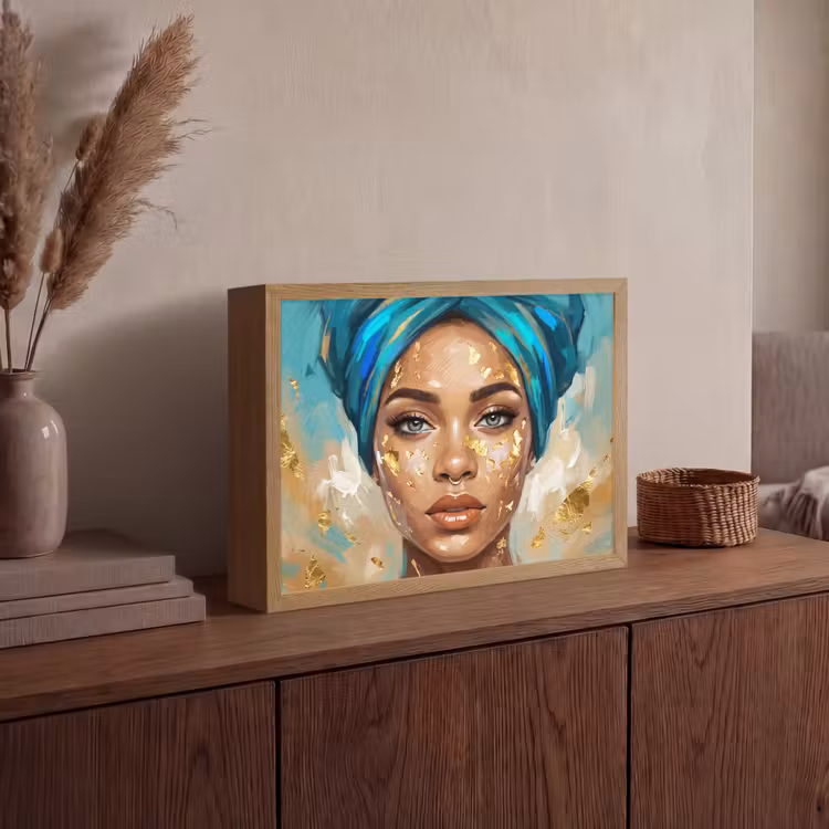 Portret - Vrouw - Schilderij - Blauw - Goud - Expressief Light Box met batterij (Wandlamp) middel -sfeer2