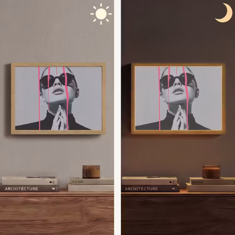 Portret - Vrouw - Zonnebril - Verfdruppels Light Box met batterij (Wandlamp) middel -sfeer3