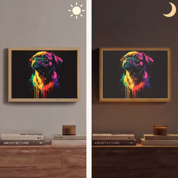 Puck - Hond - Verf - Kleuren Light Box met batterij (Wandlamp) middel -sfeer3