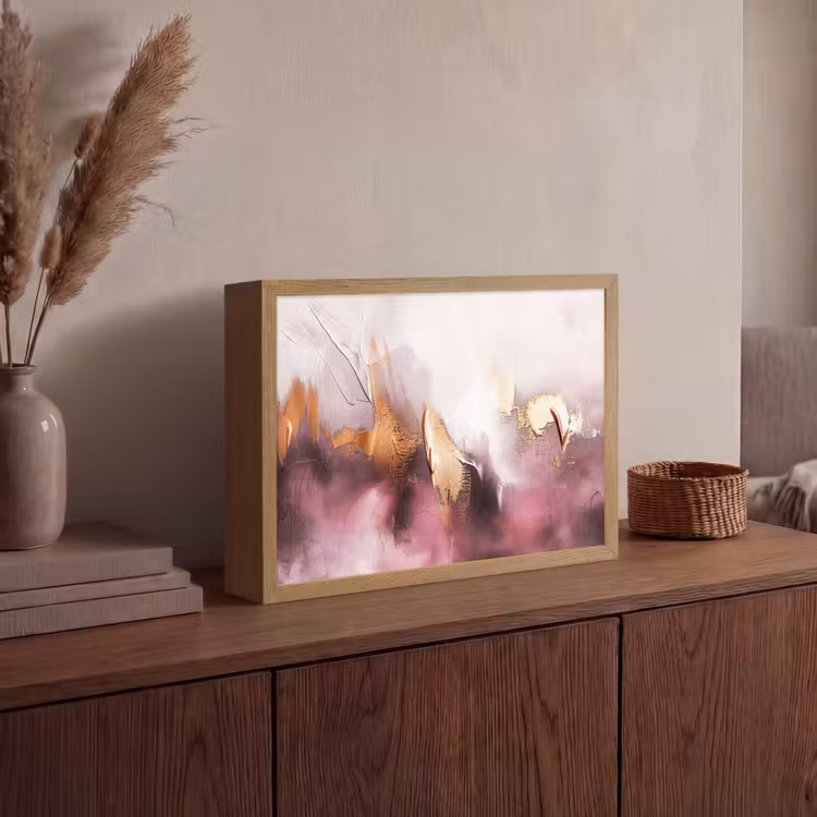 Paars - Abstract - Verf - Goud Light Box met batterij (Wandlamp) middel -sfeer2