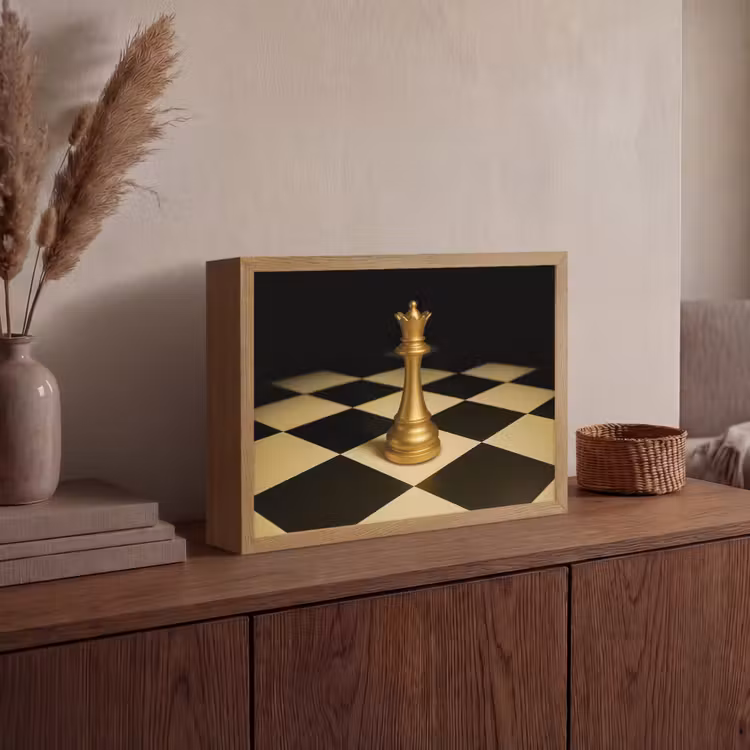 Koningin - Schaakstuk - Geblokt - Goud Light Box met batterij (Wandlamp) middel -sfeer2