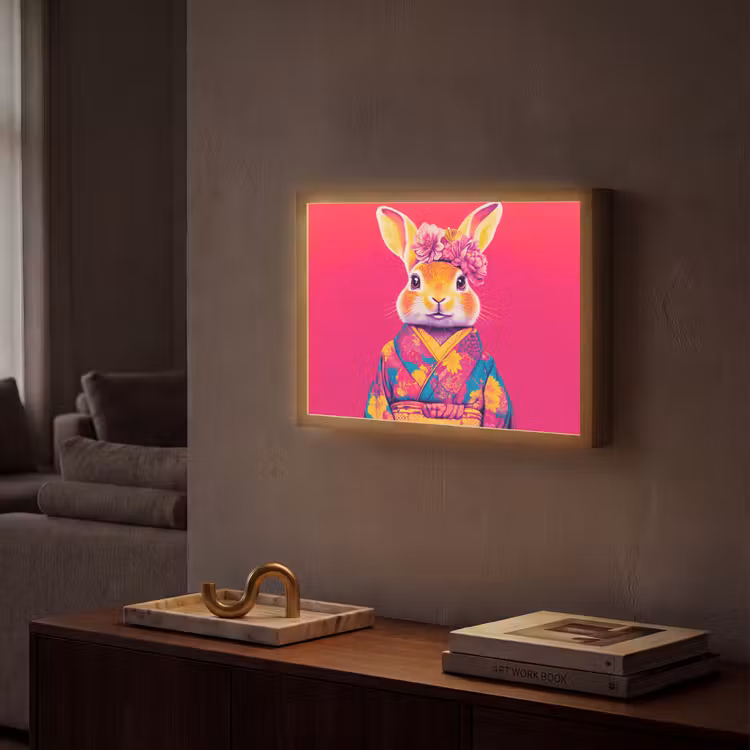 Konijn - Bloemen - Kleurrijk - Kimono Light Box met batterij (Wandlamp) middel -sfeer1