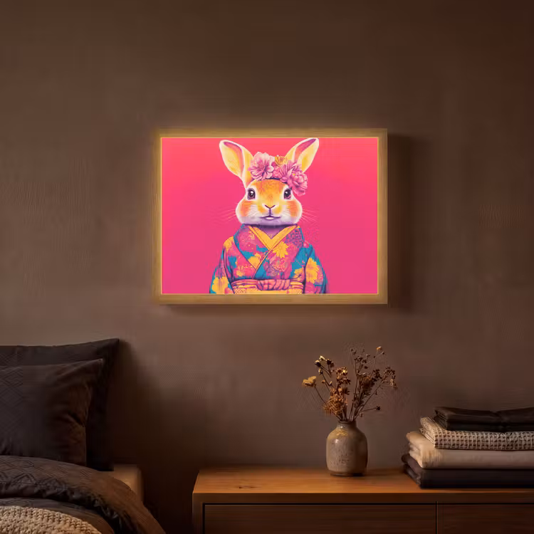 Konijn - Bloemen - Kleurrijk - Kimono Light Box met batterij (Wandlamp) middel -sfeer4