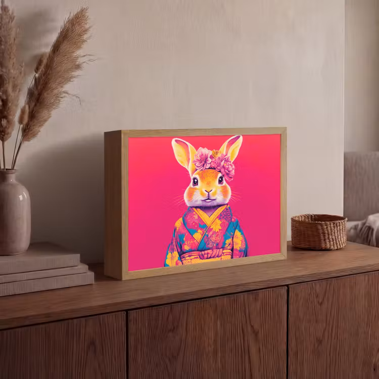 Konijn - Bloemen - Kleurrijk - Kimono Light Box met batterij (Wandlamp) middel -sfeer2