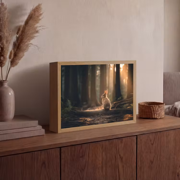 Konijn - Bos - Zonnestralen Light Box met batterij (Wandlamp) middel -sfeer2