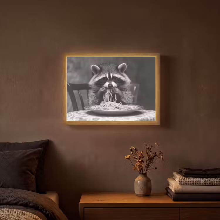 Wasbeer - Cute - Pasta - Tafelkleed - Zwart - Wit Light Box met batterij (Wandlamp) middel -sfeer4