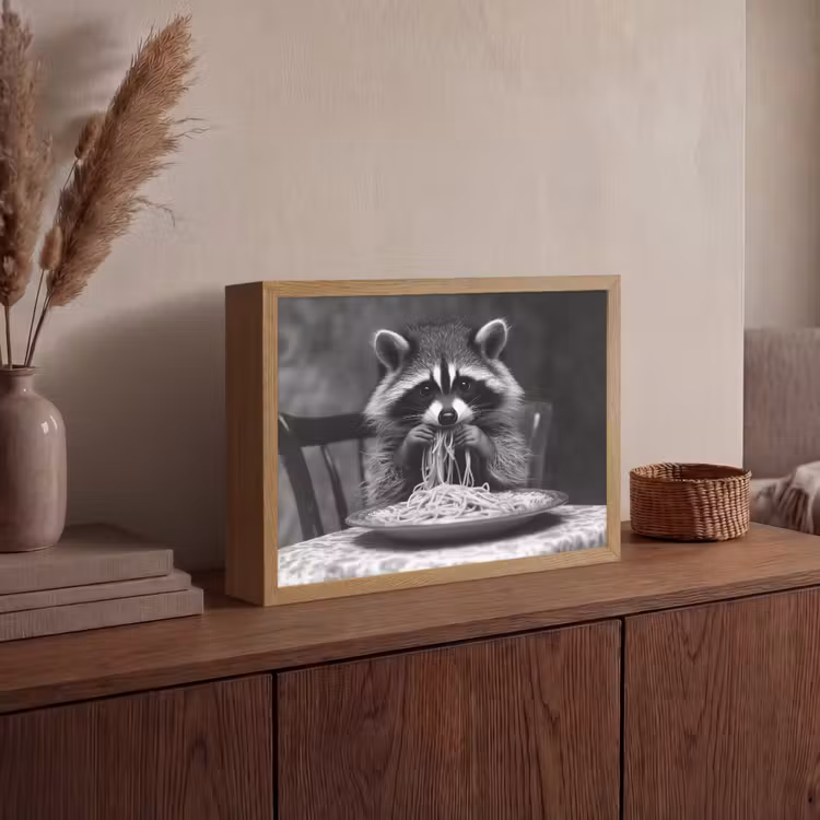 Wasbeer - Cute - Pasta - Tafelkleed - Zwart - Wit Light Box met batterij (Wandlamp) middel -sfeer2