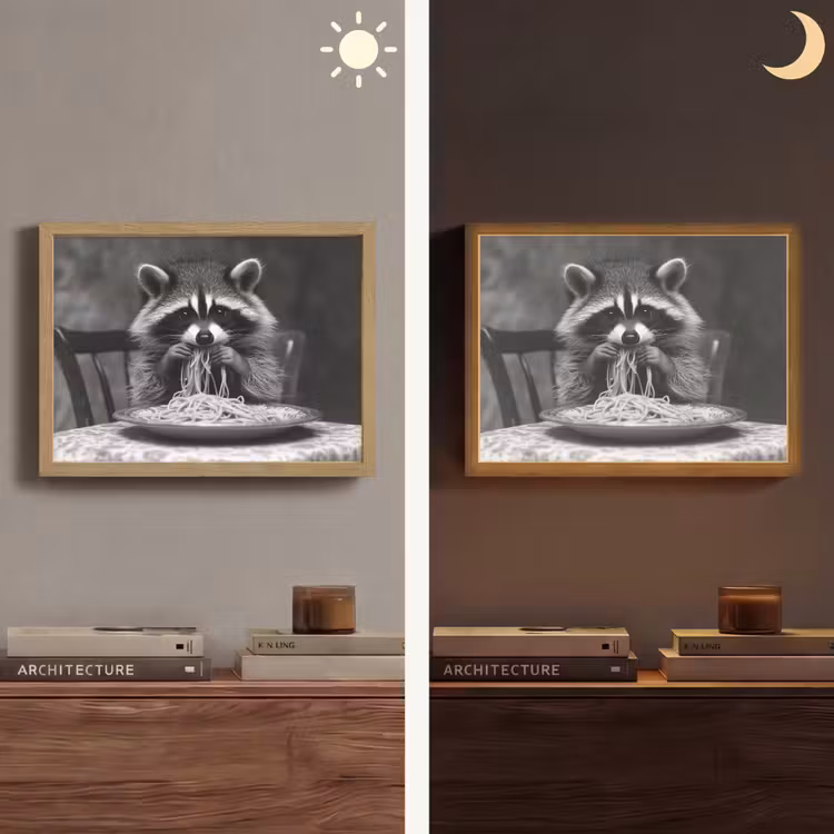 Wasbeer - Cute - Pasta - Tafelkleed - Zwart - Wit Light Box met batterij (Wandlamp) middel -sfeer3