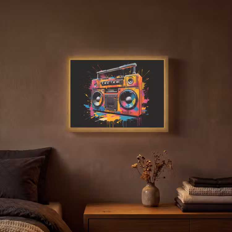 Radio - Graffiti - Box - Kleuren - Zwart Light Box met batterij (Wandlamp) middel -sfeer4