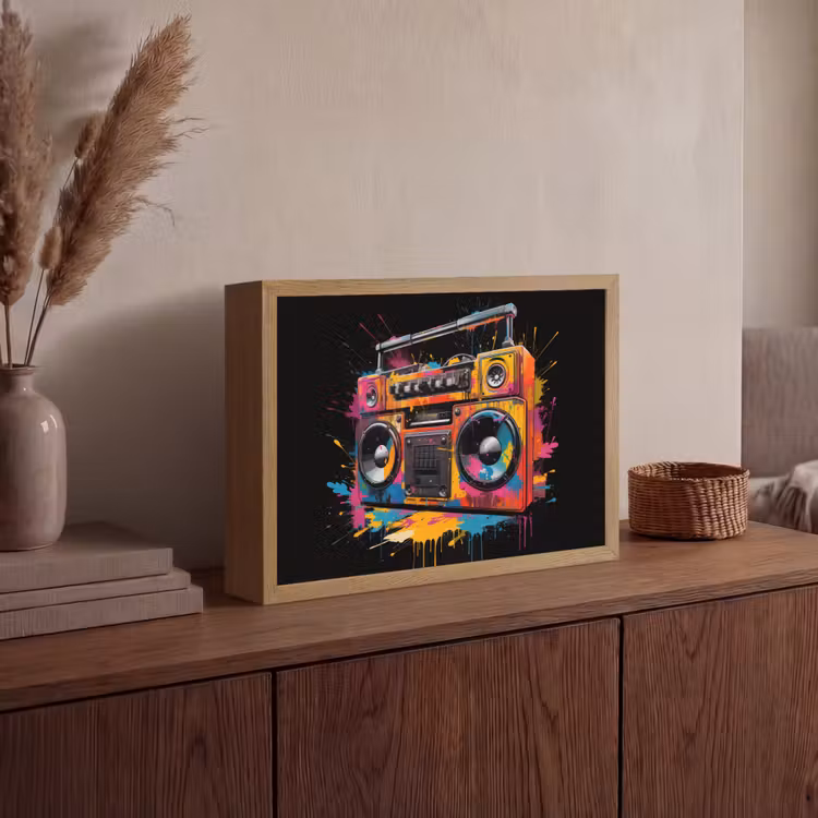 Radio - Graffiti - Box - Kleuren - Zwart Light Box met batterij (Wandlamp) middel -sfeer2