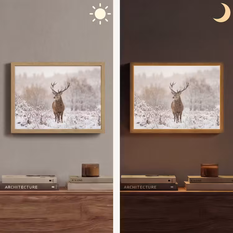 Edelhert - Bos - Sneeuw - Winter - Majestueus Light Box met batterij (Wandlamp) middel -sfeer3