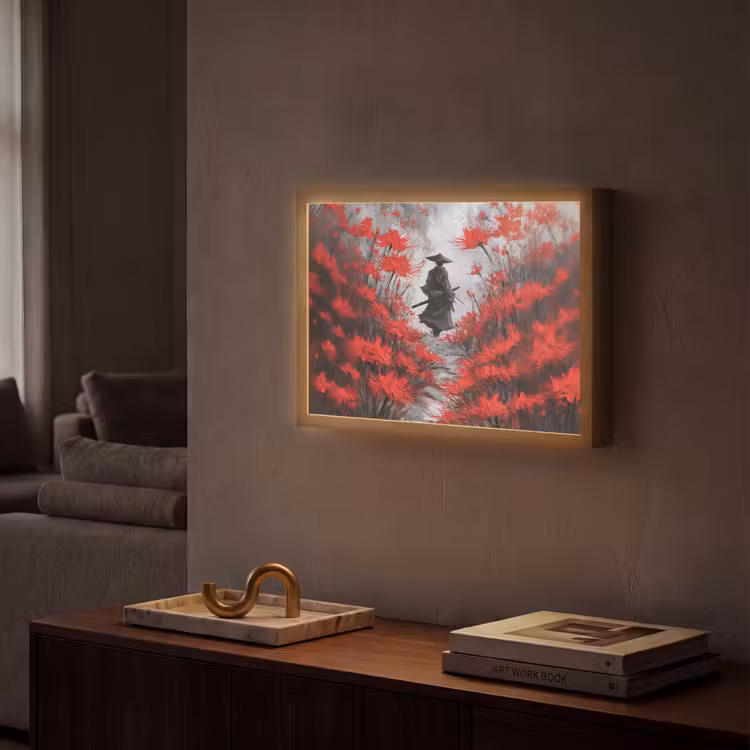 Rode bloemen - mistig - Man Light Box met batterij (Wandlamp) middel -sfeer1