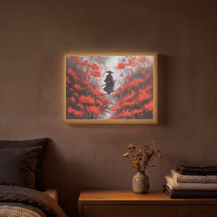 Rode bloemen - mistig - Man Light Box met batterij (Wandlamp) middel -sfeer4