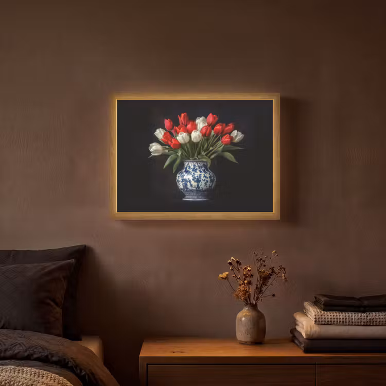 Rode - Bloemen - Tulpen - Vaas Light Box met batterij (Wandlamp) middel -sfeer4