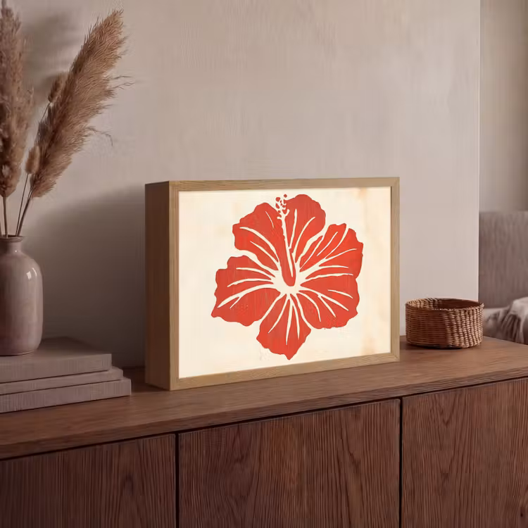Rode hibiscusbloem - Textuur achtergrond - Beige Light Box met batterij (Wandlamp) middel -sfeer2