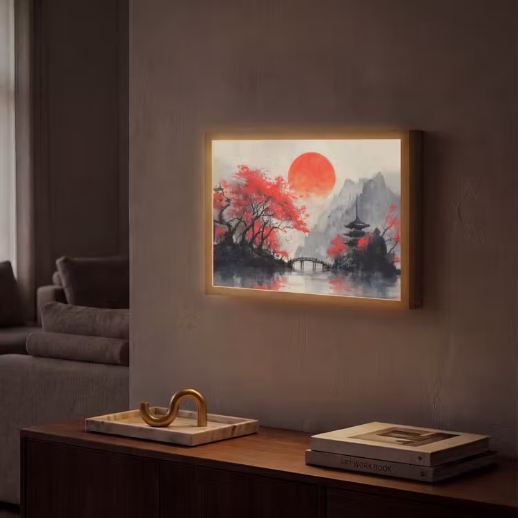 Rode zon - Rivier - brug - Bomen Light Box met batterij (Wandlamp) middel -sfeer1