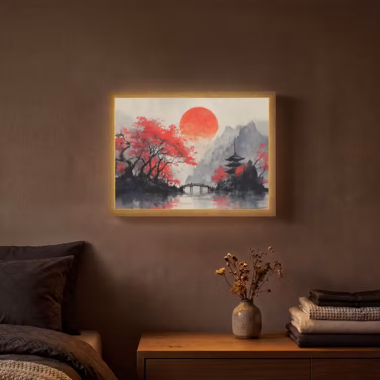 Rode zon - Rivier - brug - Bomen Light Box met batterij (Wandlamp) middel -sfeer4