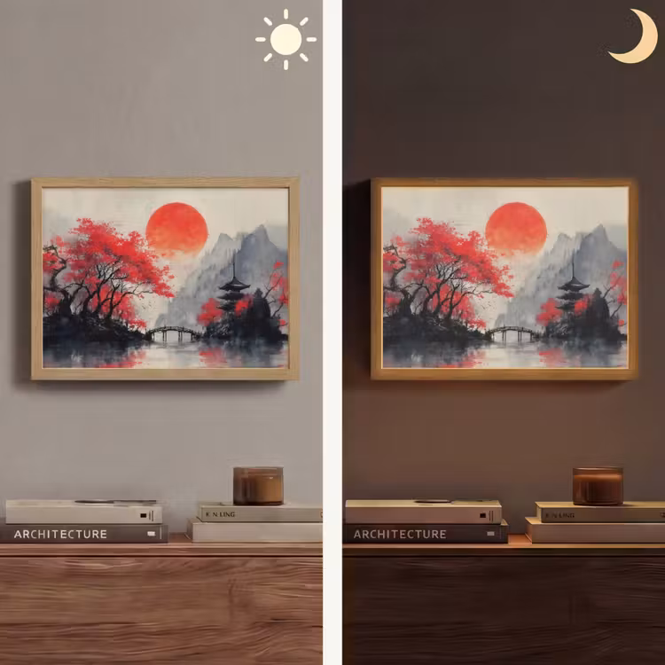 Rode zon - Rivier - brug - Bomen Light Box met batterij (Wandlamp) middel -sfeer3