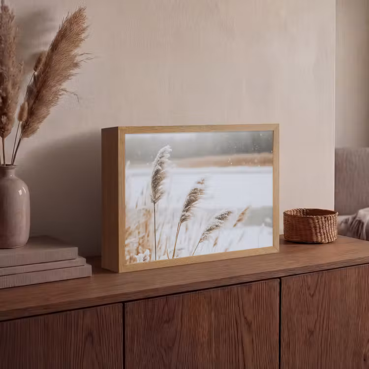 Riet - Meer - Winter - Natuur - Sneeuw - Beige Light Box met batterij (Wandlamp) middel -sfeer2