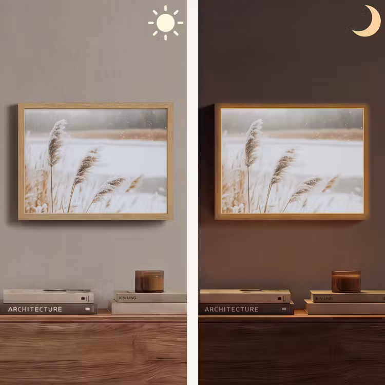 Riet - Meer - Winter - Natuur - Sneeuw - Beige Light Box met batterij (Wandlamp) middel -sfeer3