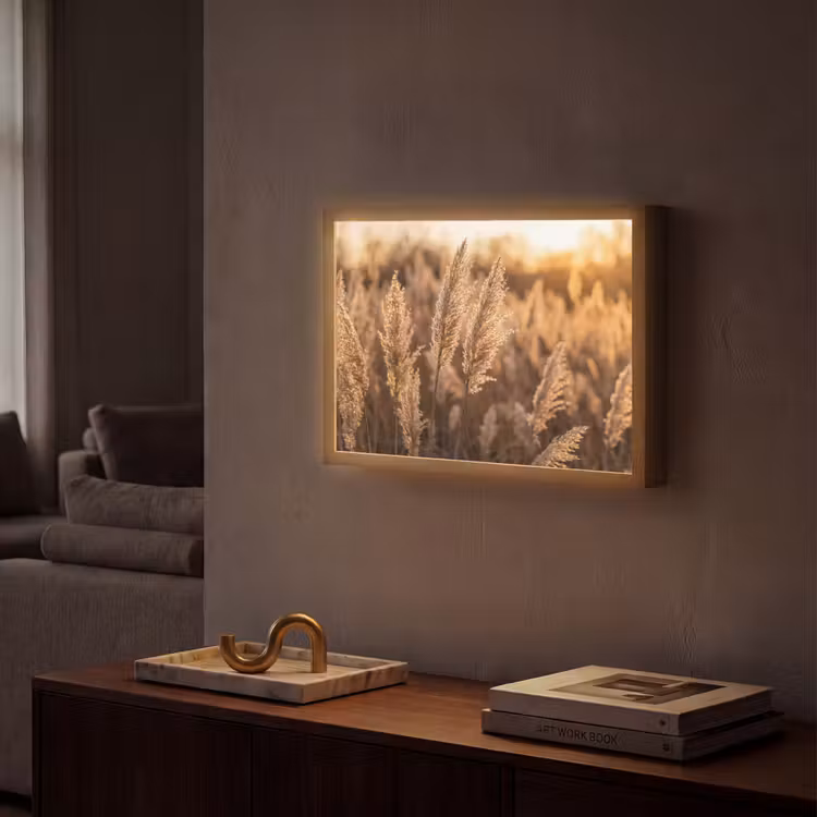 Rietpluimen - Gras - Zonsondergang - Goud - Serene Light Box met batterij (Wandlamp) middel -sfeer1