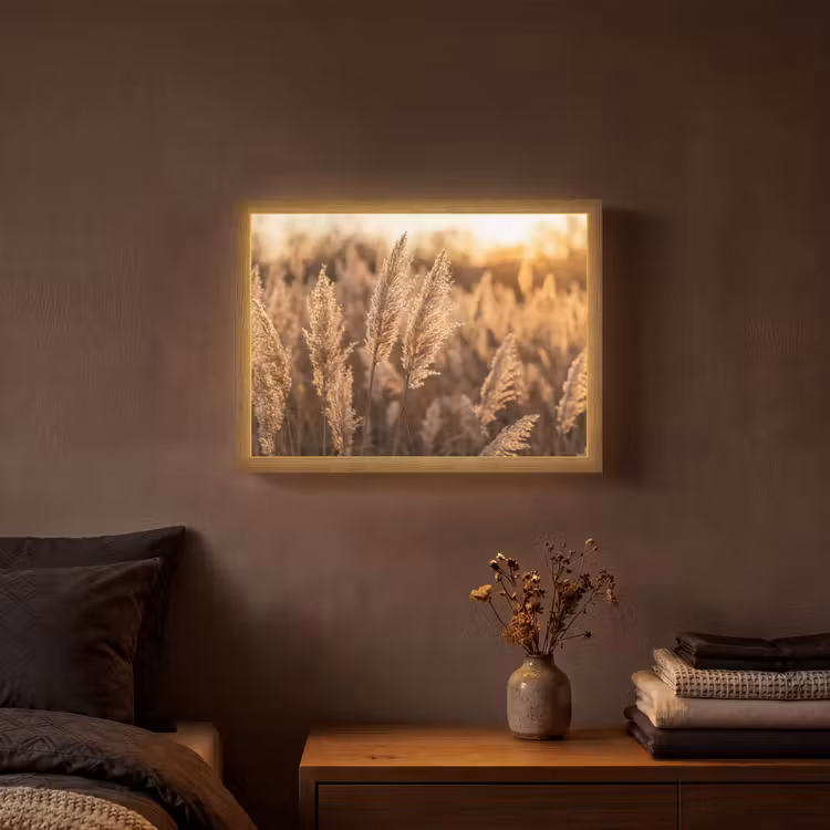 Rietpluimen - Gras - Zonsondergang - Goud - Serene Light Box met batterij (Wandlamp) middel -sfeer4