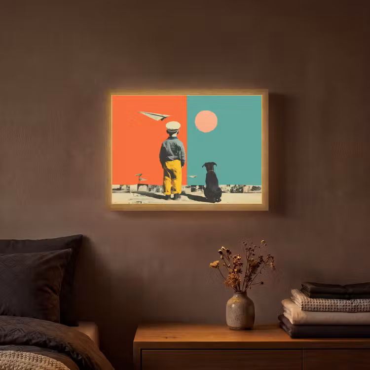 Retro - Jongen - Hond - Rood - Groen Light Box met batterij (Wandlamp) middel -sfeer4