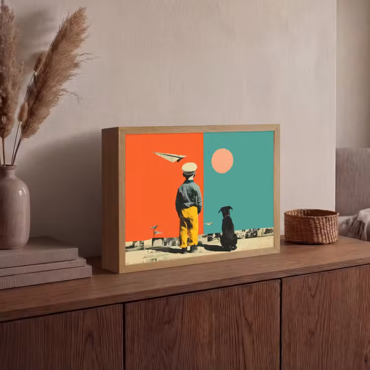 Retro - Jongen - Hond - Rood - Groen Light Box met batterij (Wandlamp) middel -sfeer2