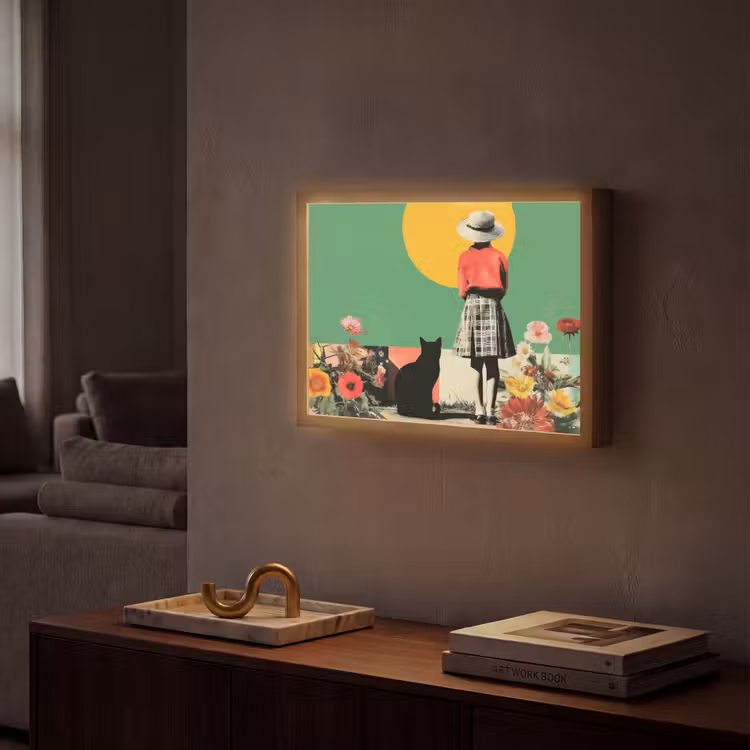 Retro - Meisje - Kat - Zon Light Box met batterij (Wandlamp) middel -sfeer1