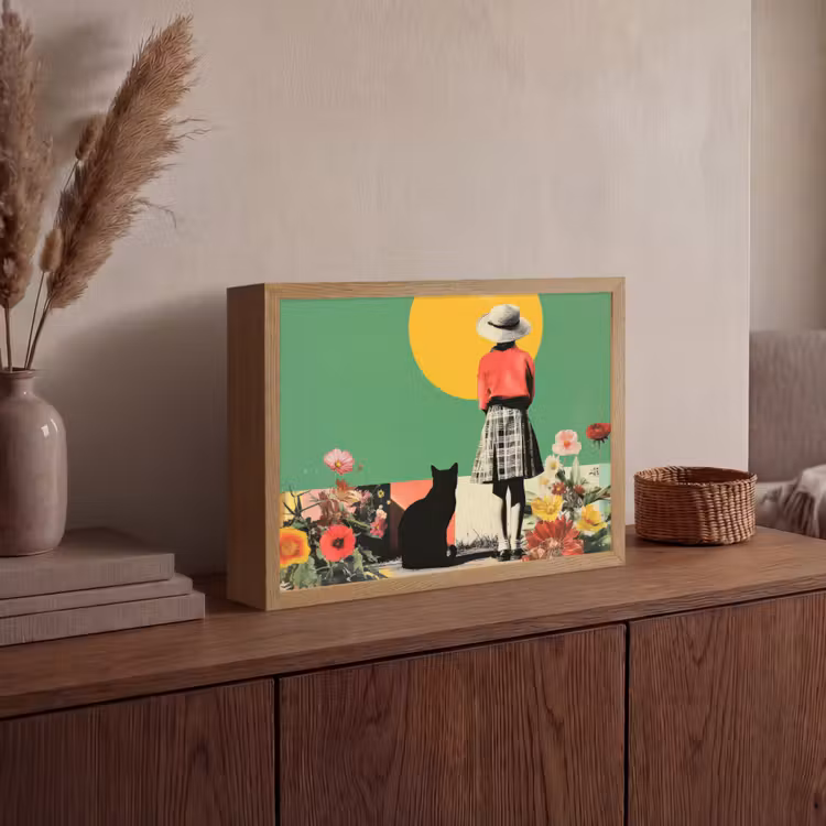 Retro - Meisje - Kat - Zon Light Box met batterij (Wandlamp) middel -sfeer2