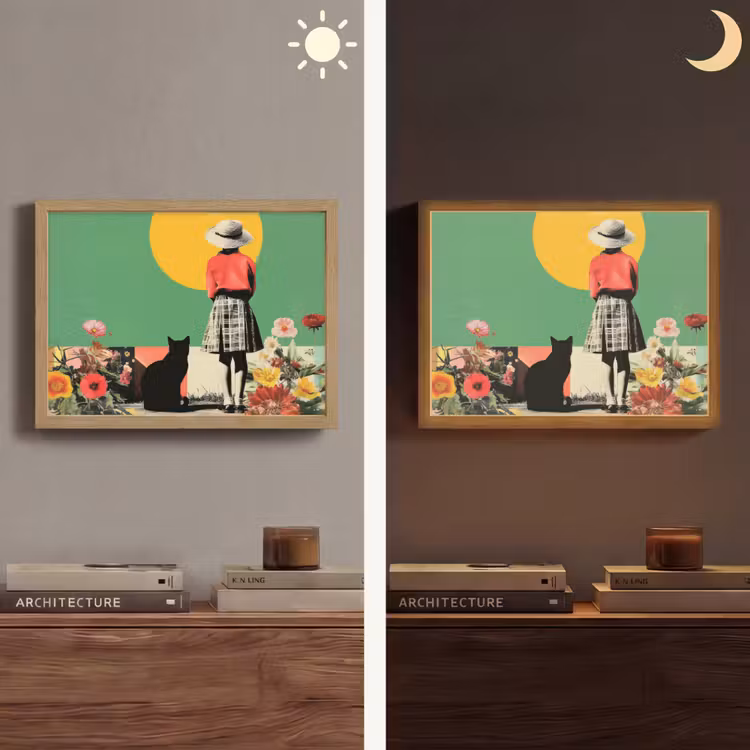Retro - Meisje - Kat - Zon Light Box met batterij (Wandlamp) middel -sfeer3