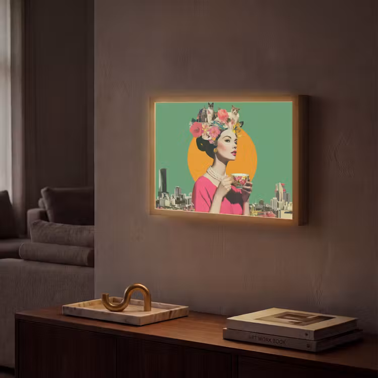 Retro - Vrouw - Stad - Zon Light Box met batterij (Wandlamp) middel -sfeer1