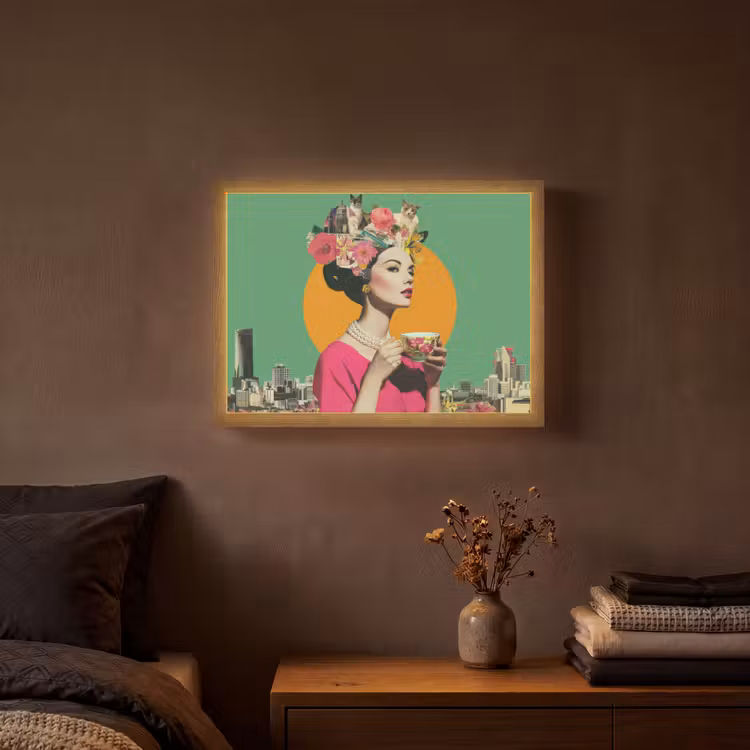 Retro - Vrouw - Stad - Zon Light Box met batterij (Wandlamp) middel -sfeer4