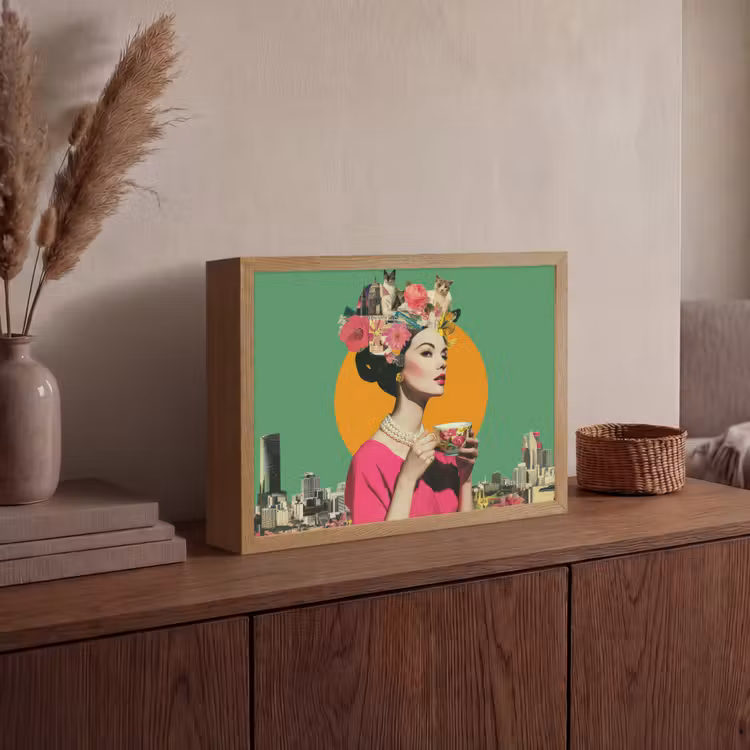 Retro - Vrouw - Stad - Zon Light Box met batterij (Wandlamp) middel -sfeer2